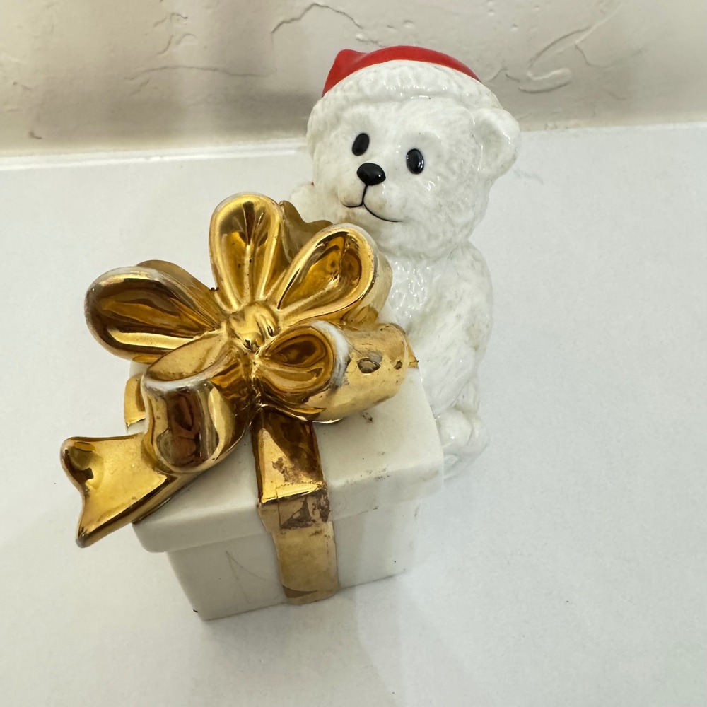 Mikasa Holiday Magic Polar Bear Trinket Box Fine Porcelain Gold Bow FK015-514